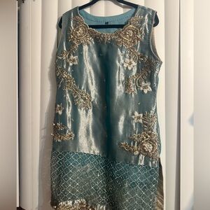 Embroidered Sleeveless Dress in Blue and Gold